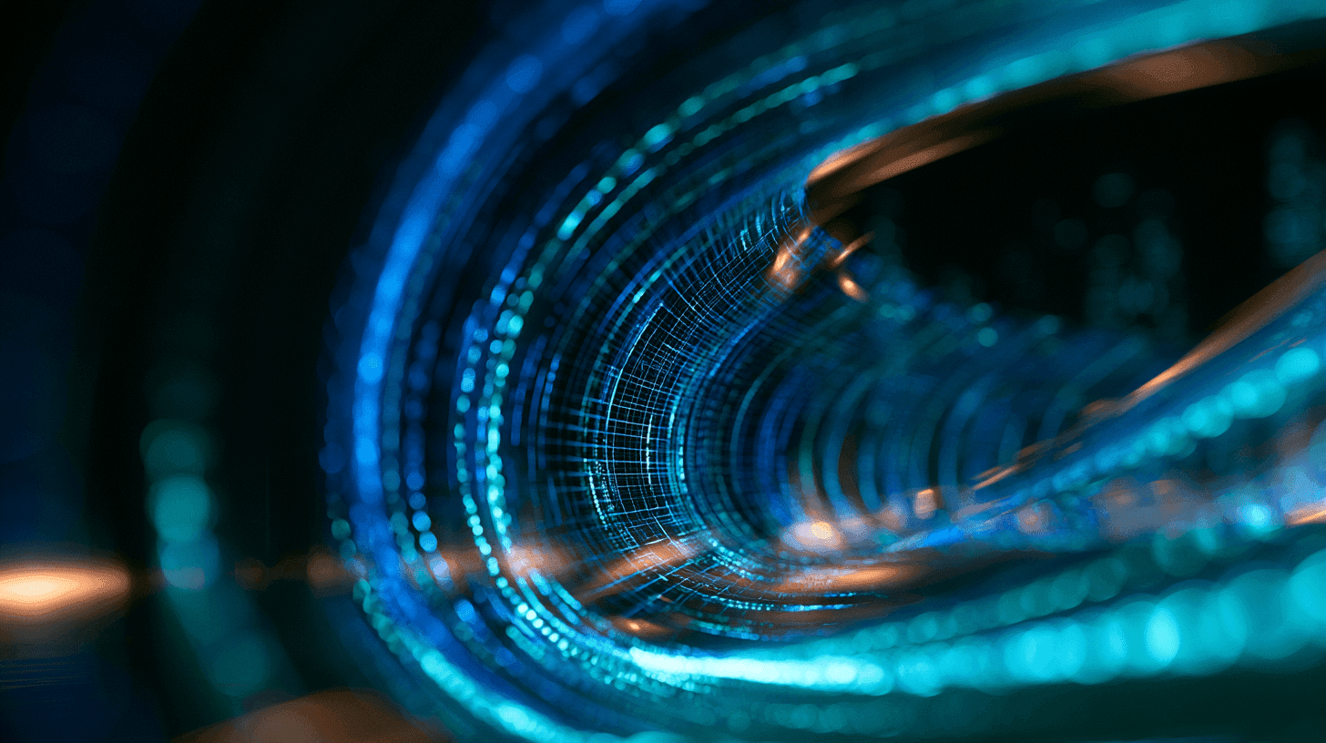 A luminous tunnel of blue and teal data streams spiralling into depth, threaded with fine grid lines and warm amber highlights